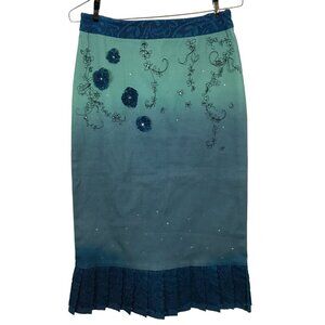 ELLE Womens Pencil Skirt Sz 6 Ombre Blue Side Zipper Rhinestones Lace Flowers